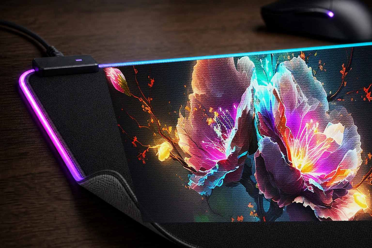 Electric Bloom RGB Desk Mat controller and material detail