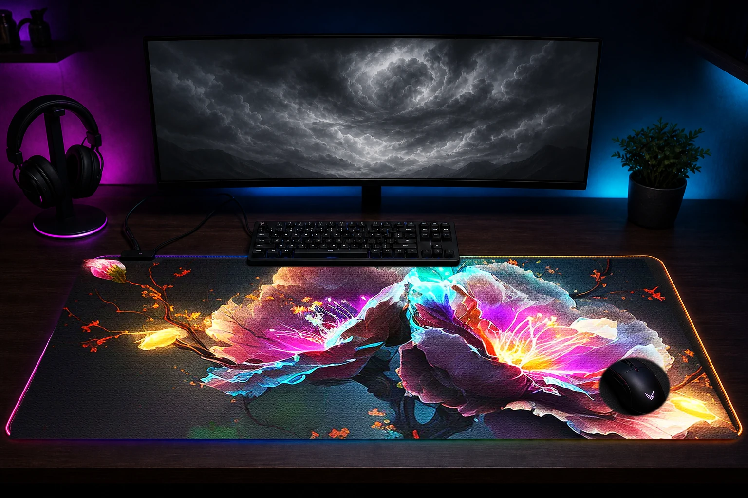 Electric Bloom RGB Desk Mat immersive setup scene