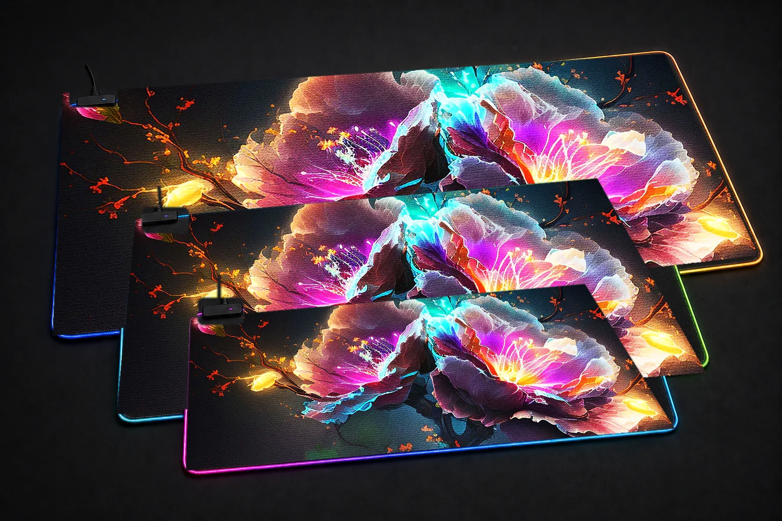 Electric Bloom RGB Desk Mat three-size comparison