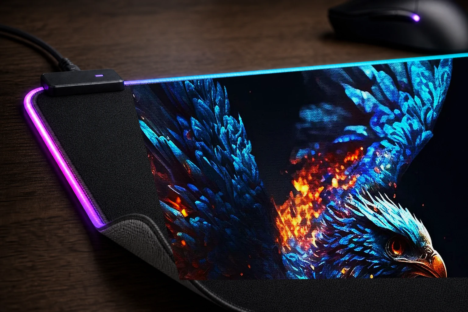 Blue Phoenix RGB Desk Mat controller and material detail