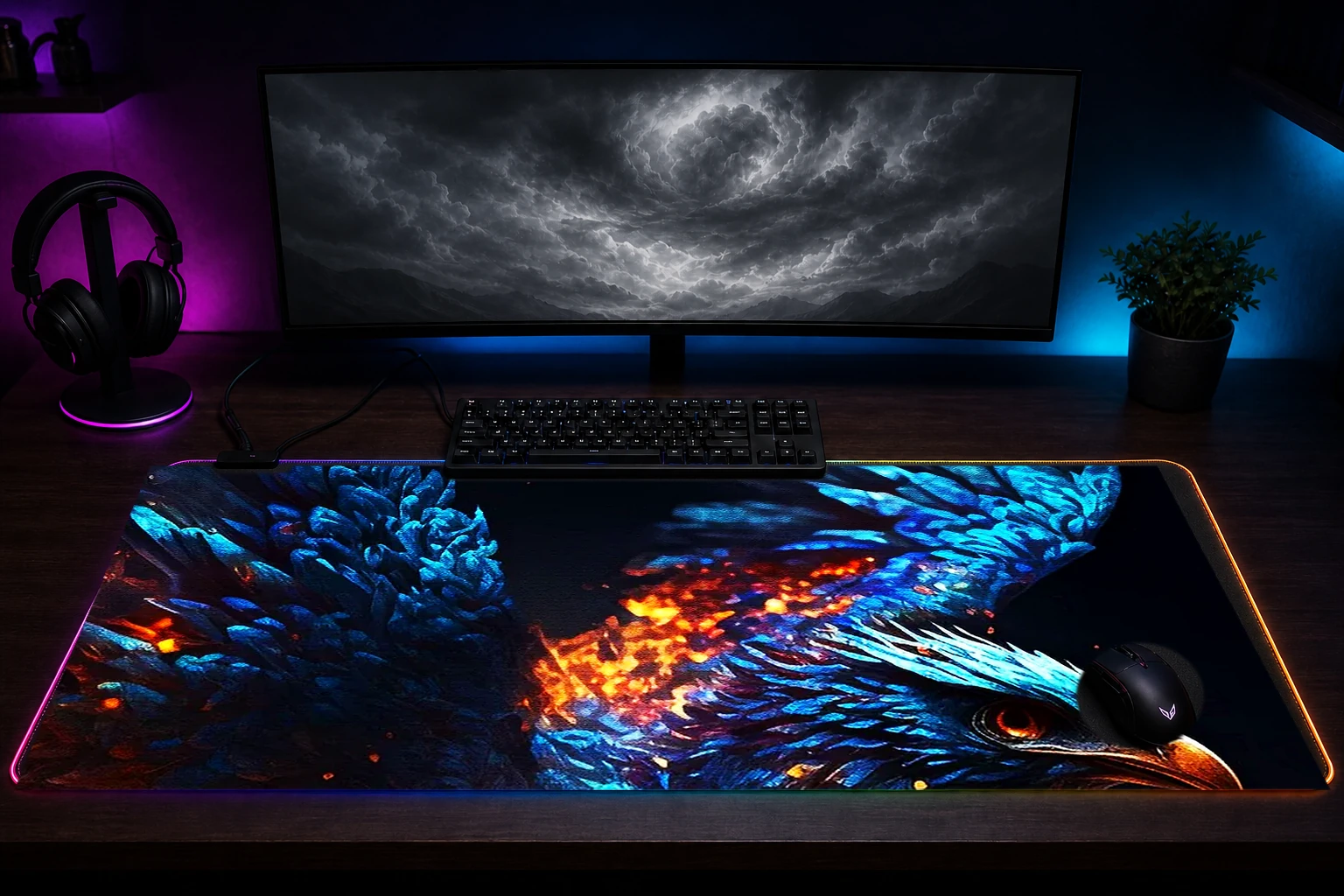 Blue Phoenix RGB Desk Mat immersive setup scene