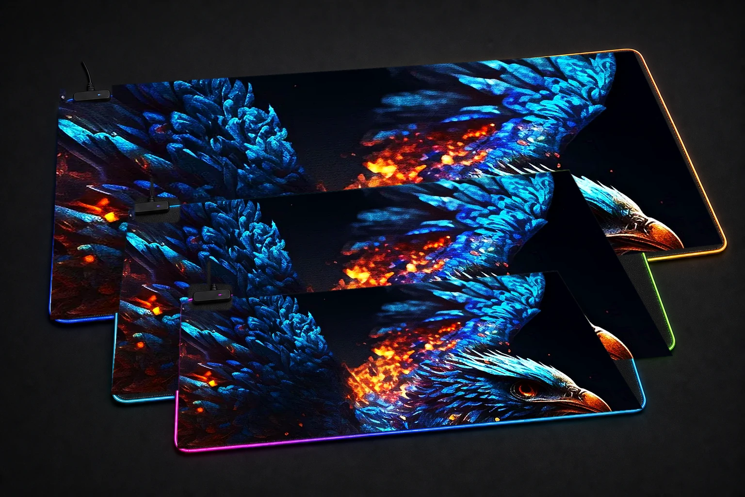 Blue Phoenix RGB Desk Mat three-size comparison