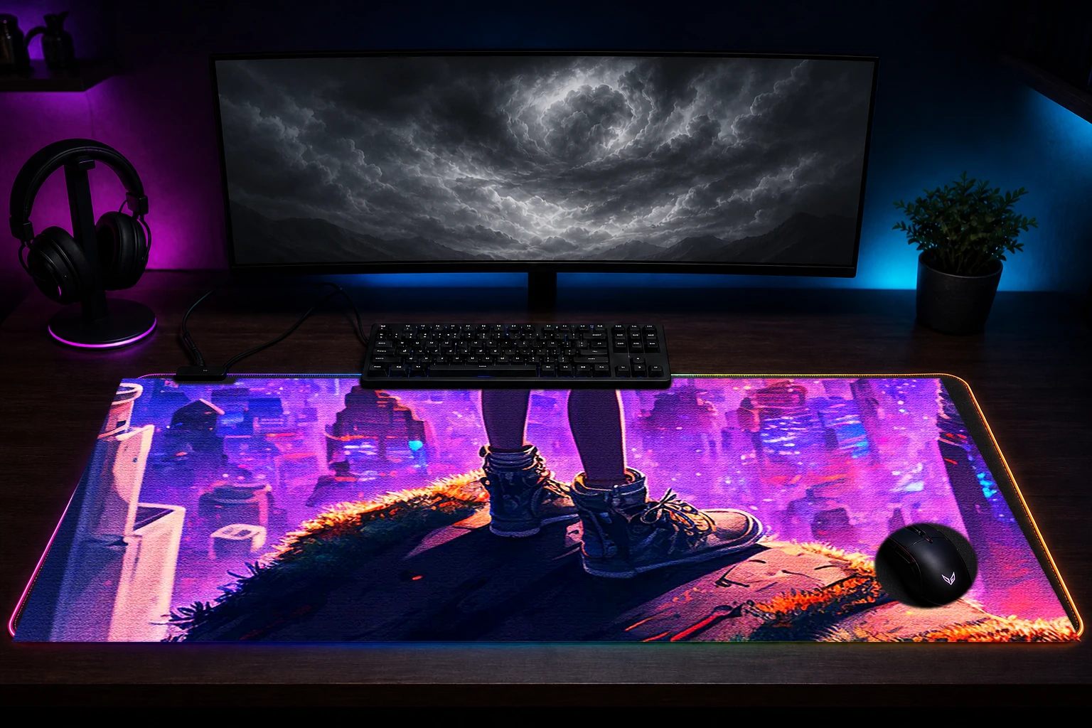High On Life RGB Desk Mat immersive setup scene