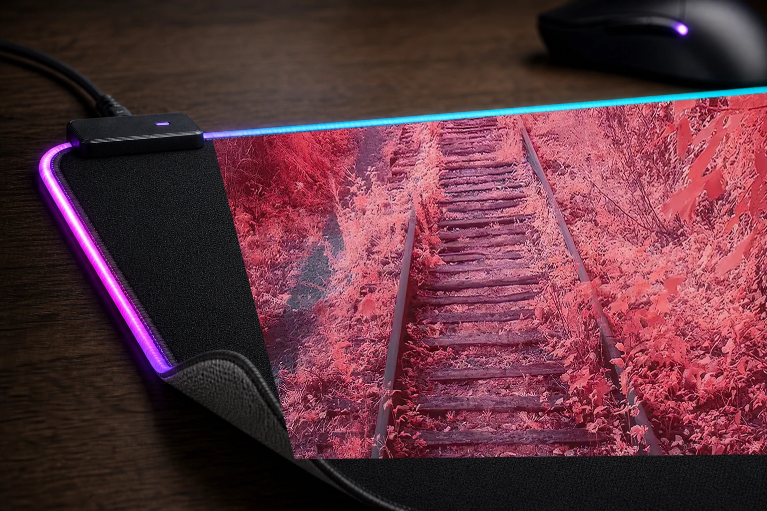 Beautiful sakura pink RGB Desk Mat controller and material detail