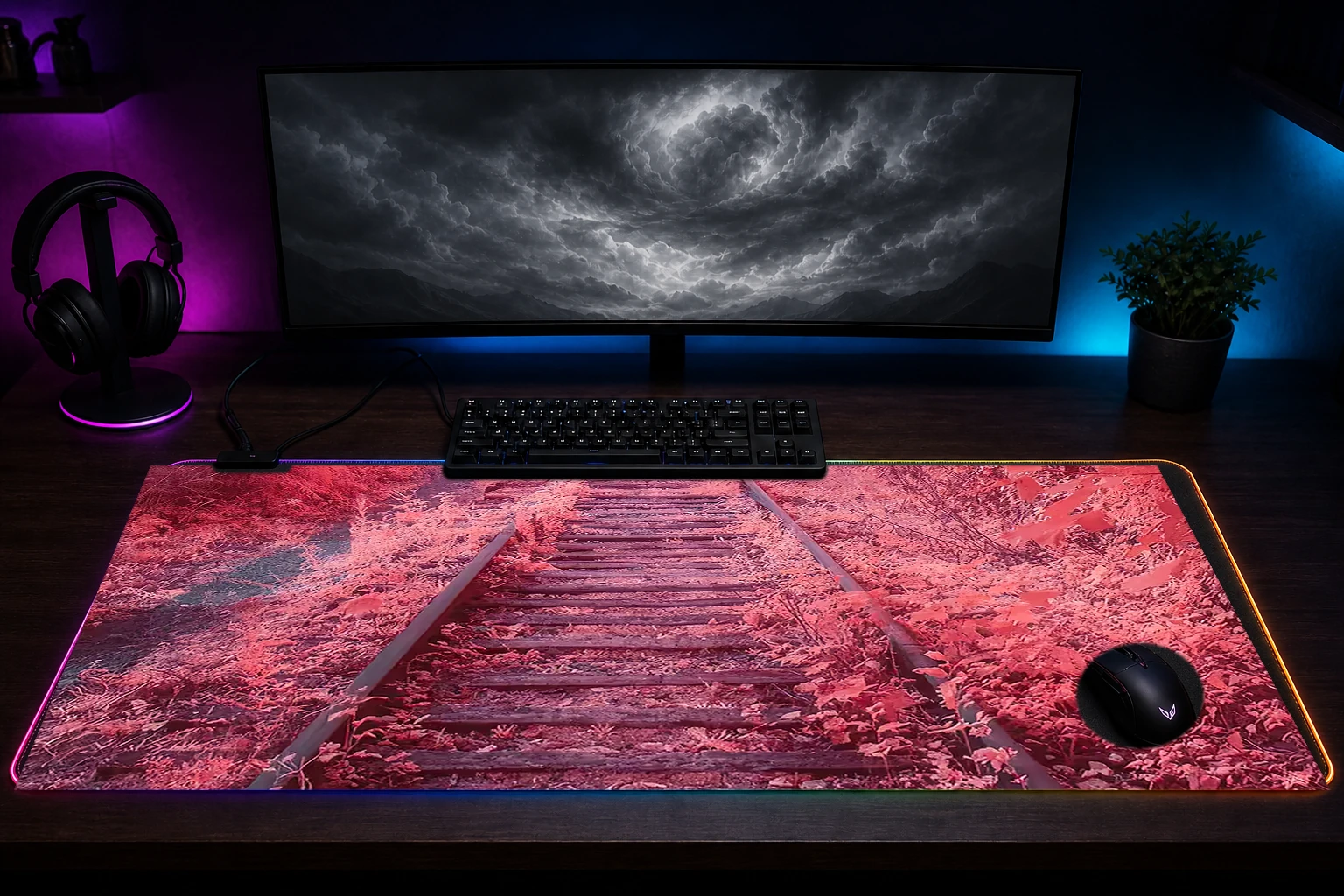 Beautiful sakura pink RGB Desk Mat immersive setup scene