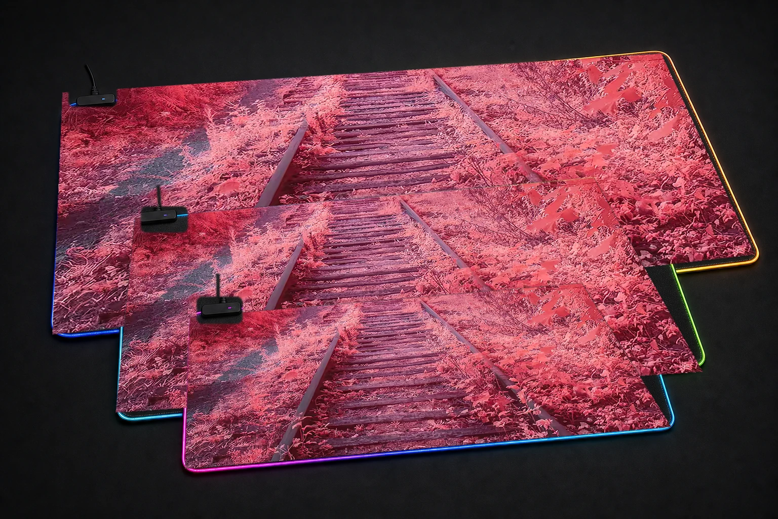 Beautiful sakura pink RGB Desk Mat three-size comparison