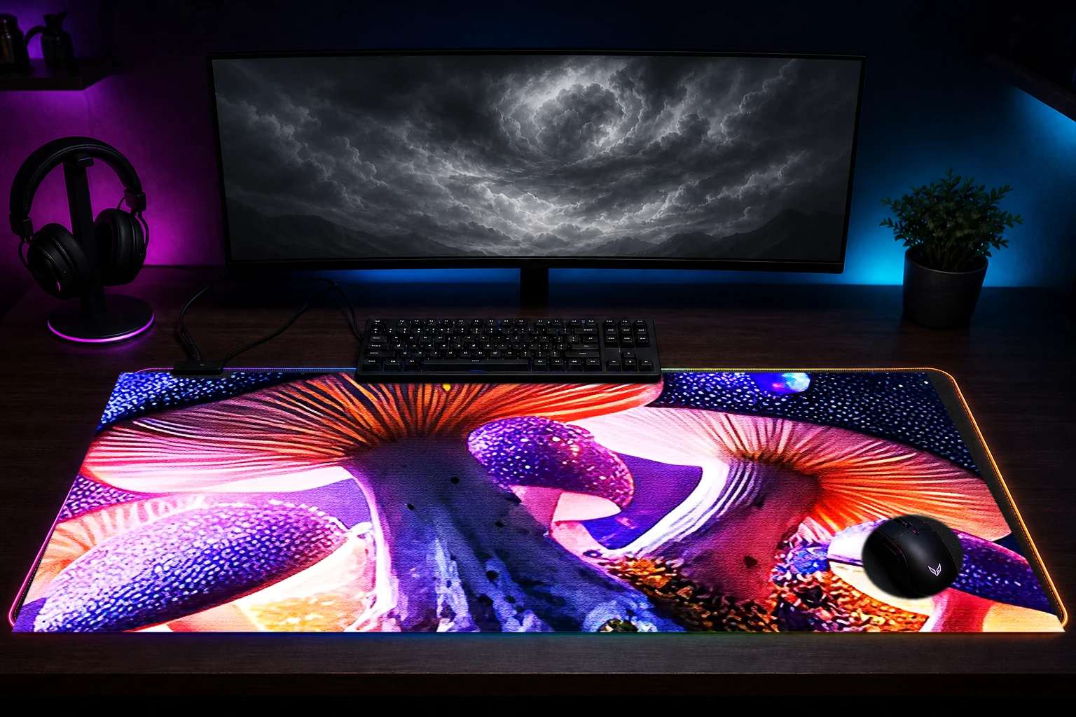 Forest Mushroom RGB Desk Mat immersive setup scene