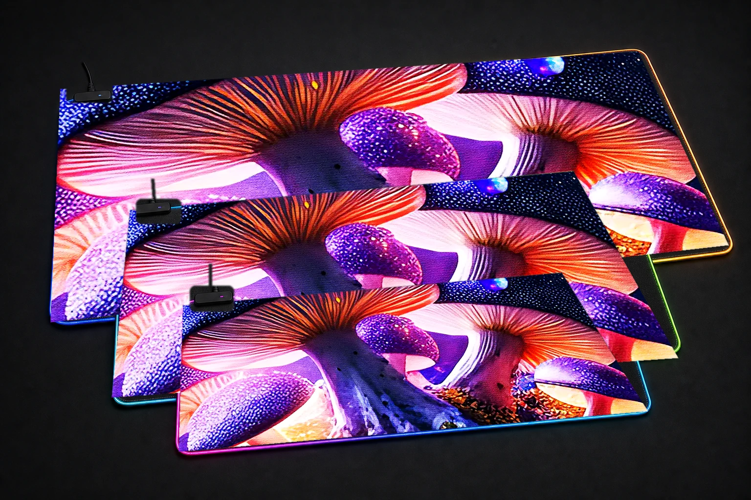 Forest Mushroom RGB Desk Mat three-size comparison