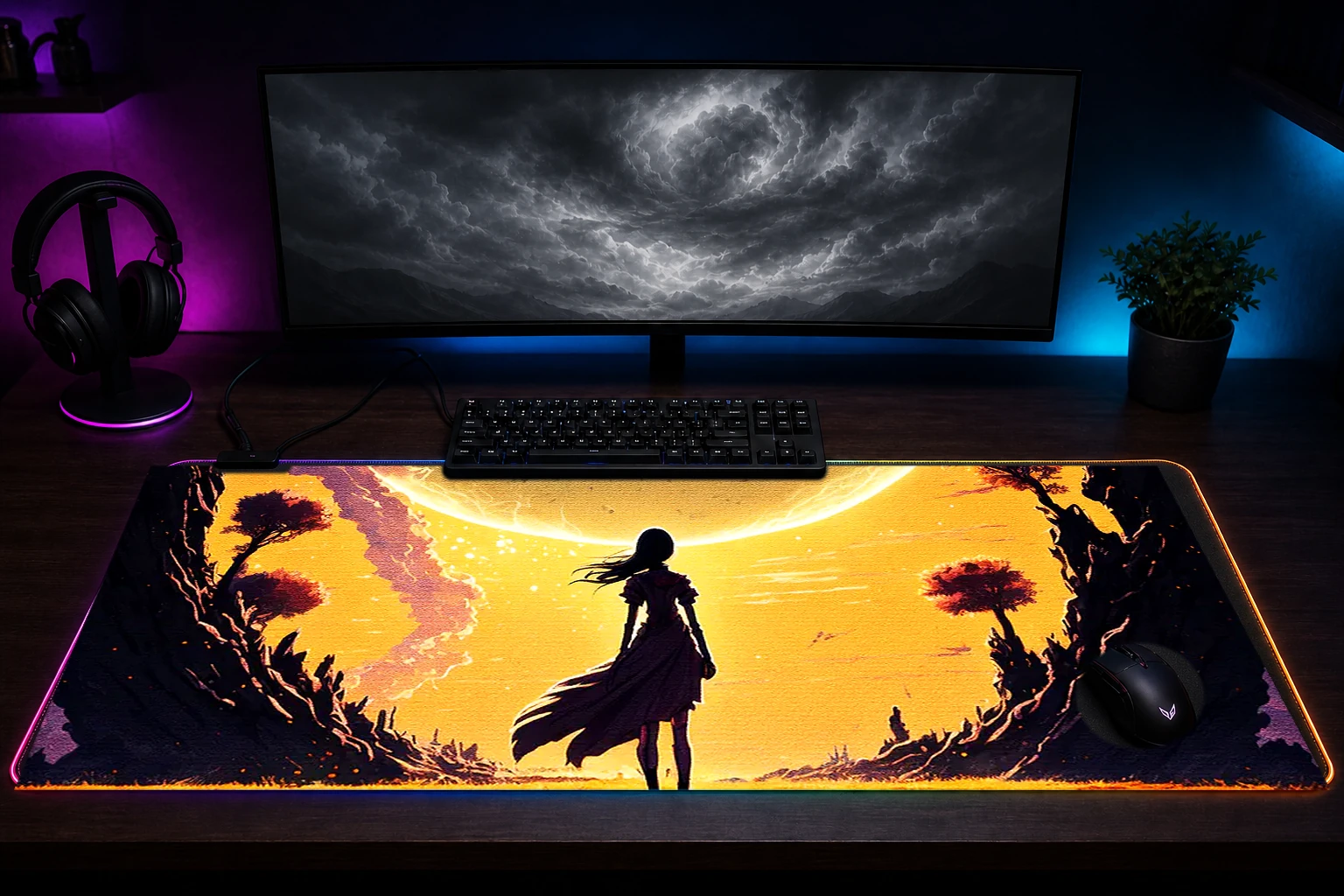 Beautiful existence RGB Desk Mat immersive setup scene