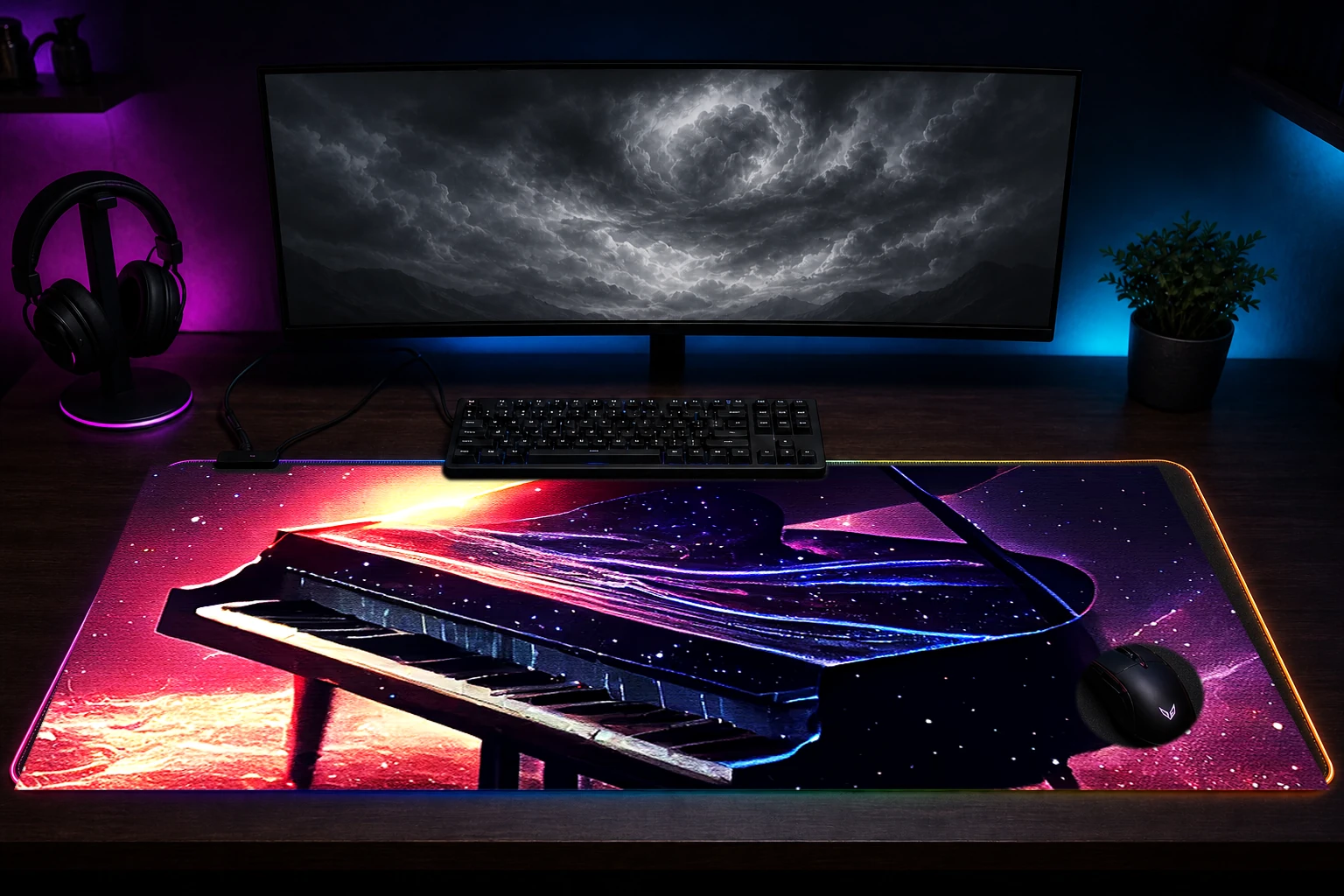 Magic Piano RGB Desk Mat immersive setup scene