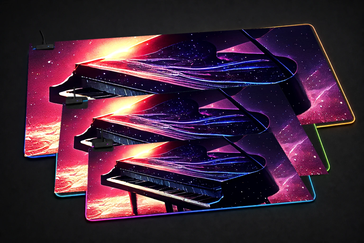 Magic Piano RGB Desk Mat three-size comparison