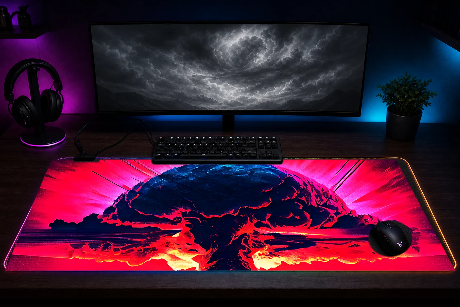Nuclear Bomb Illustration RGB Desk Mat immersive setup scene