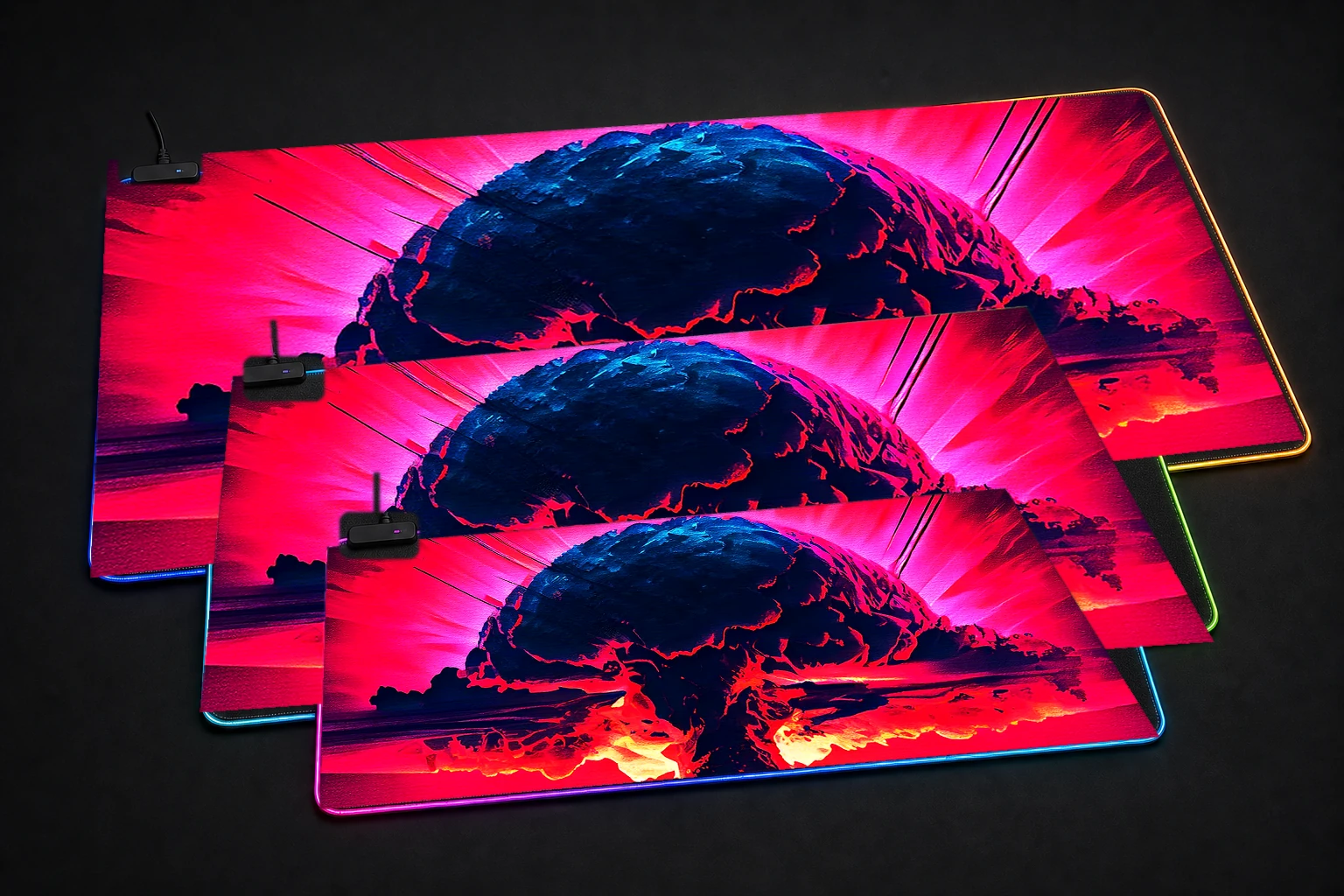 Nuclear Bomb Illustration RGB Desk Mat three-size comparison