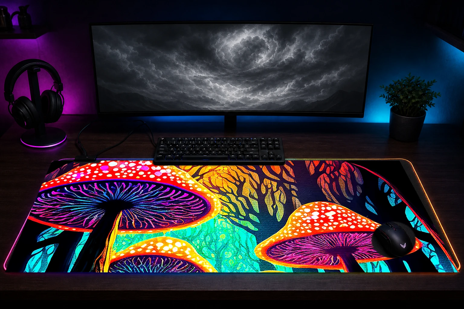 Mushroom Forest RGB Desk Mat immersive setup scene