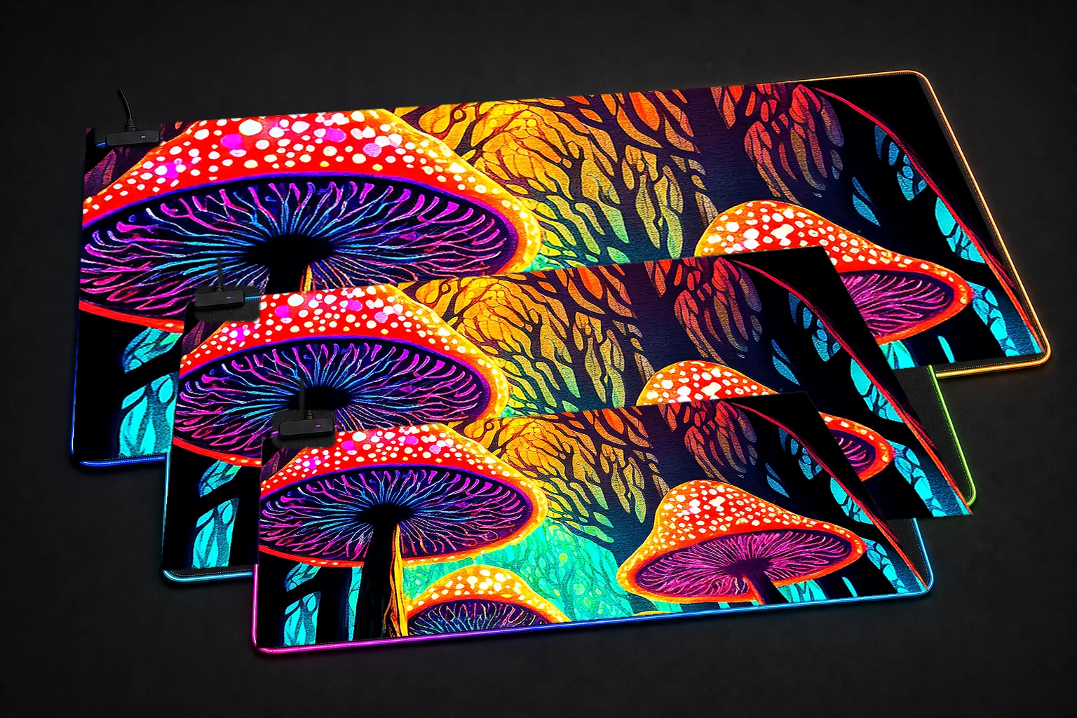 Mushroom Forest RGB Desk Mat three-size comparison