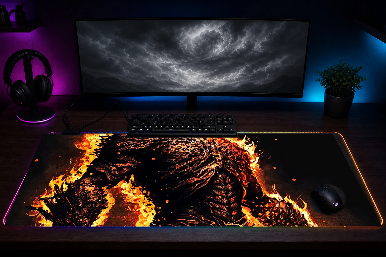 Illustrator fire full body RGB Desk Mat immersive setup scene