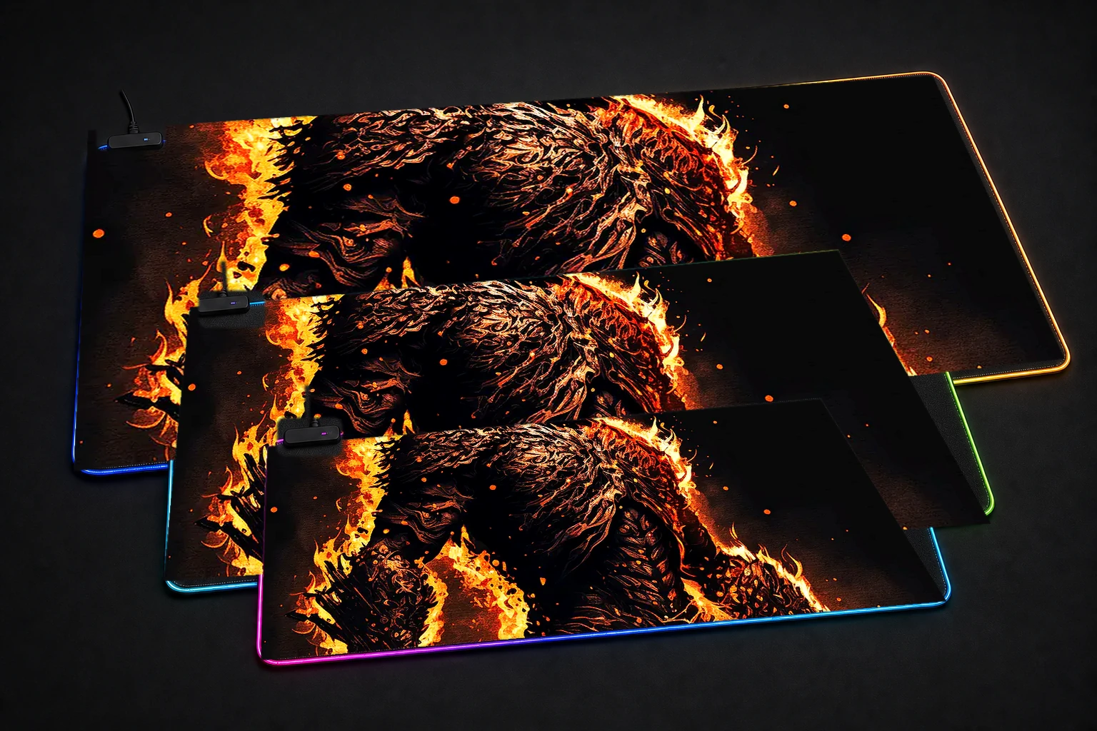 Illustrator fire full body RGB Desk Mat three-size comparison
