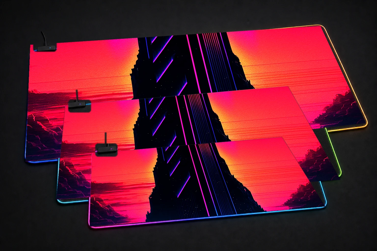 Monolith wave cultists RGB Desk Mat three-size comparison