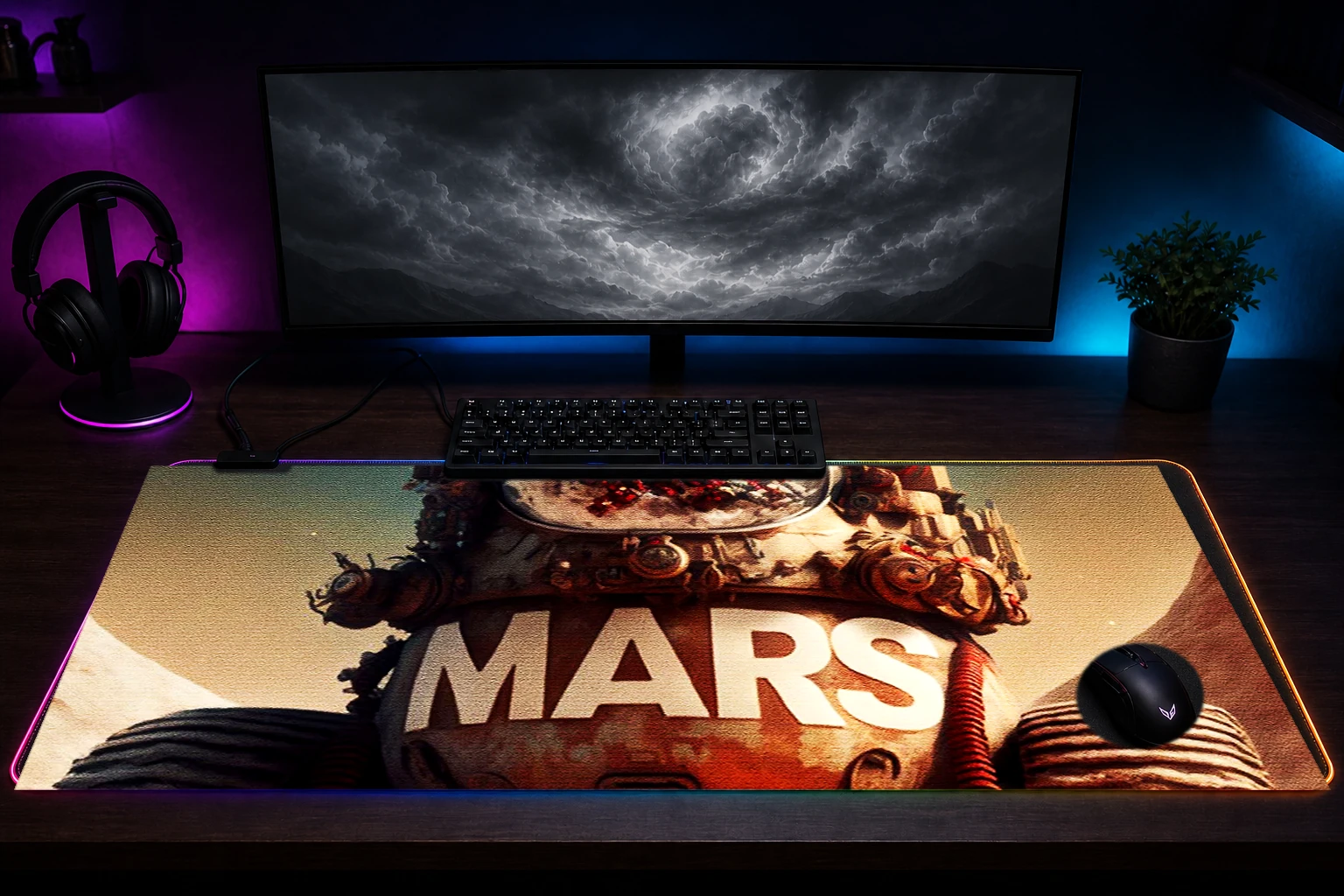 Robot Space RGB Desk Mat immersive setup scene