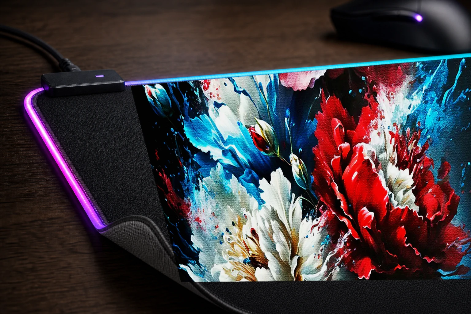 Watercolor Flowers Paint RGB Desk Mat controller and material detail