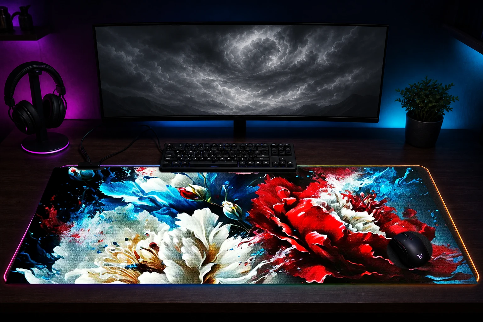 Watercolor Flowers Paint RGB Desk Mat immersive setup scene