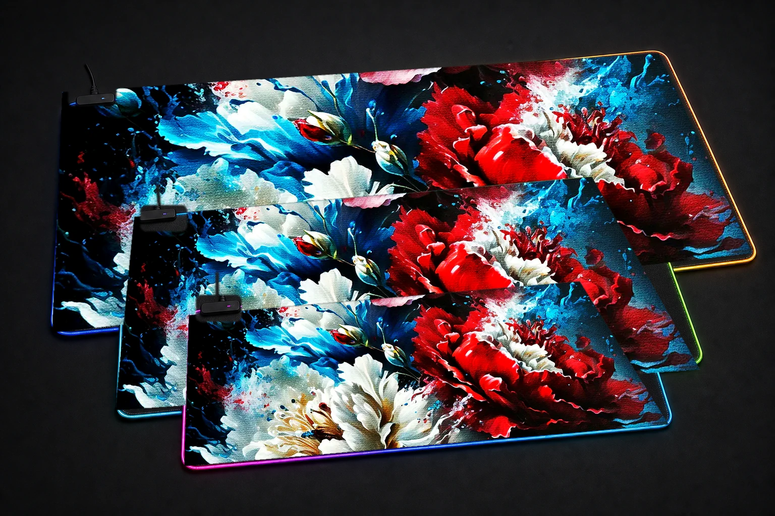 Watercolor Flowers Paint RGB Desk Mat three-size comparison