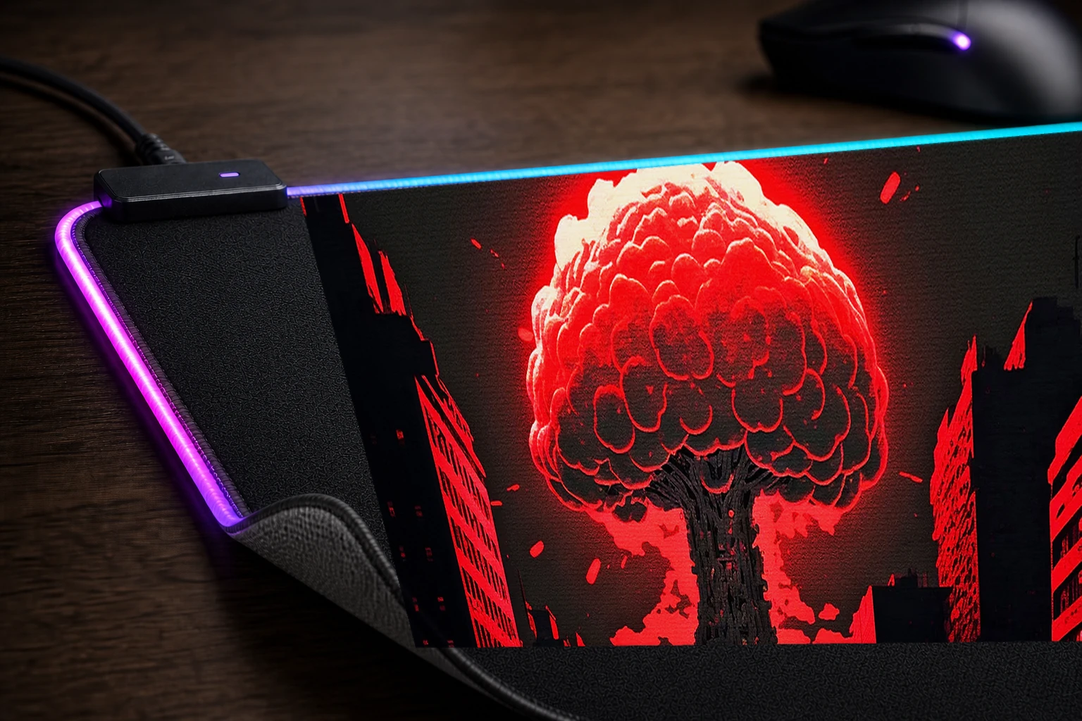 Red atomic explosion RGB Desk Mat controller and material detail