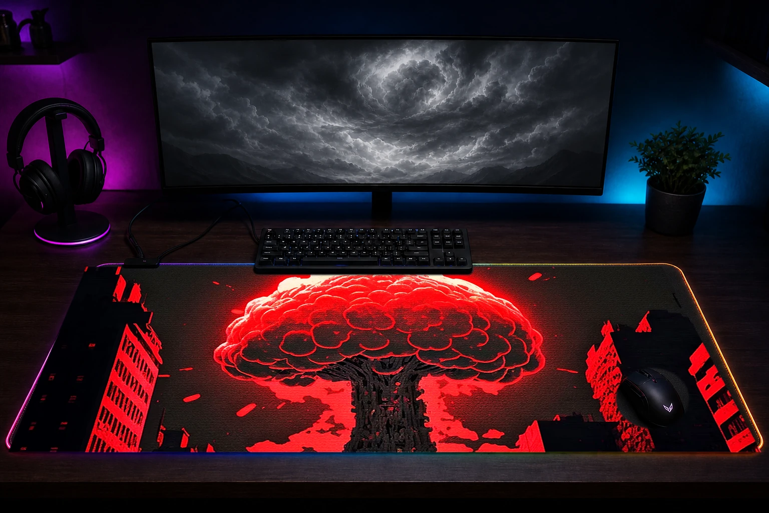 Red atomic explosion RGB Desk Mat immersive setup scene