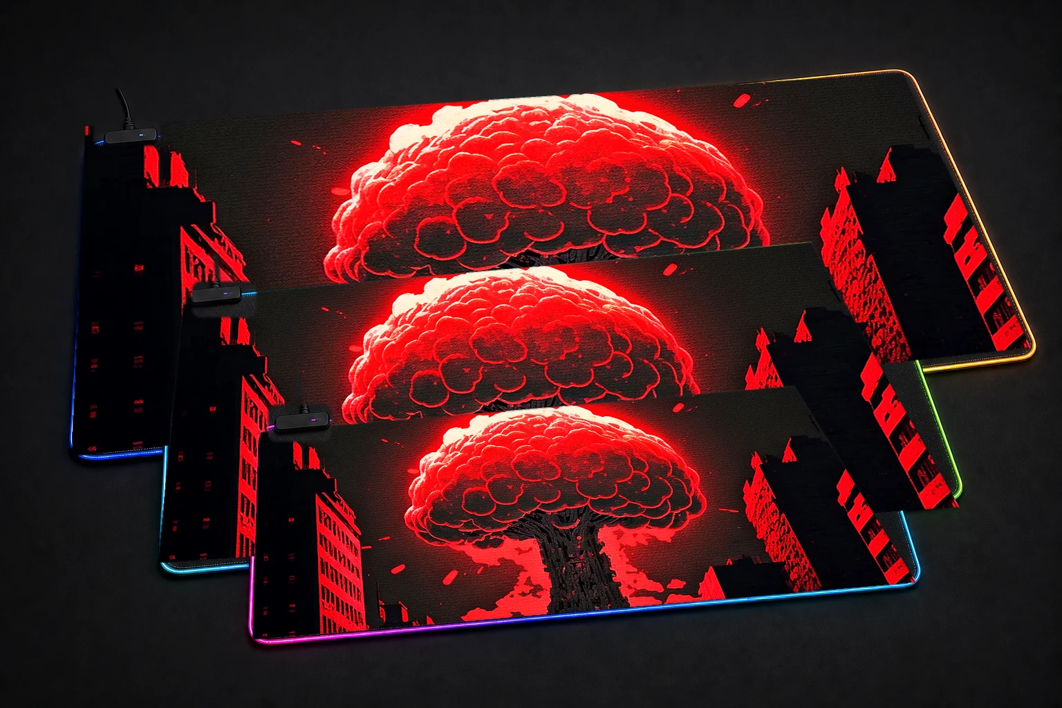 Red atomic explosion RGB Desk Mat three-size comparison