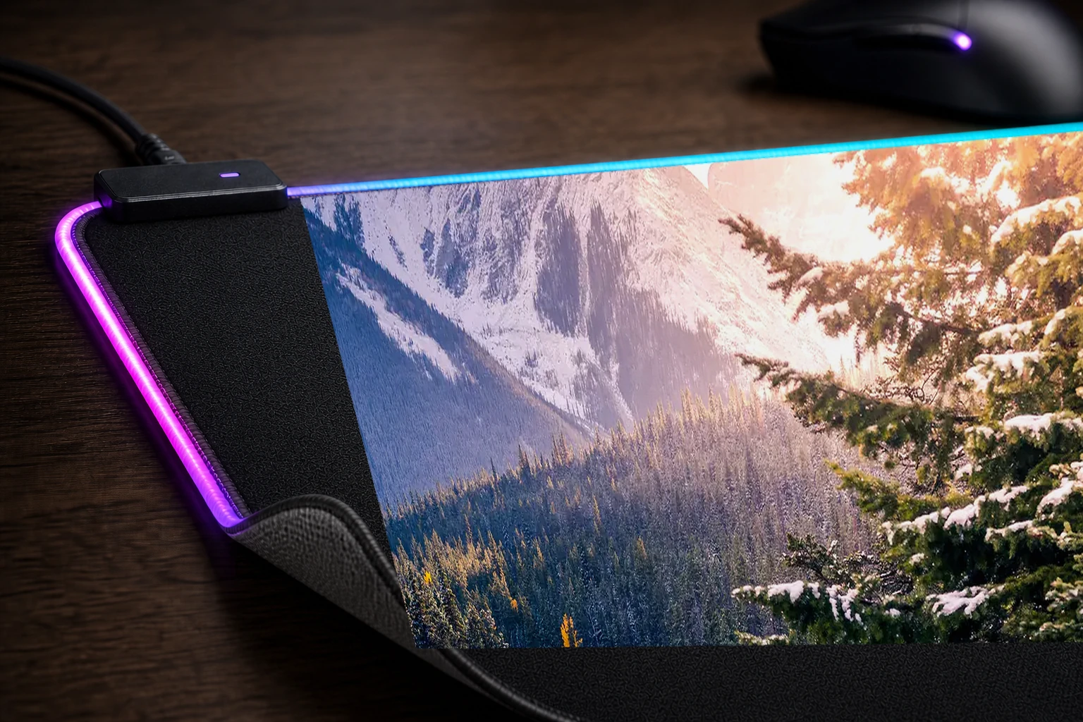 pine trees mountains RGB Desk Mat controller and material detail