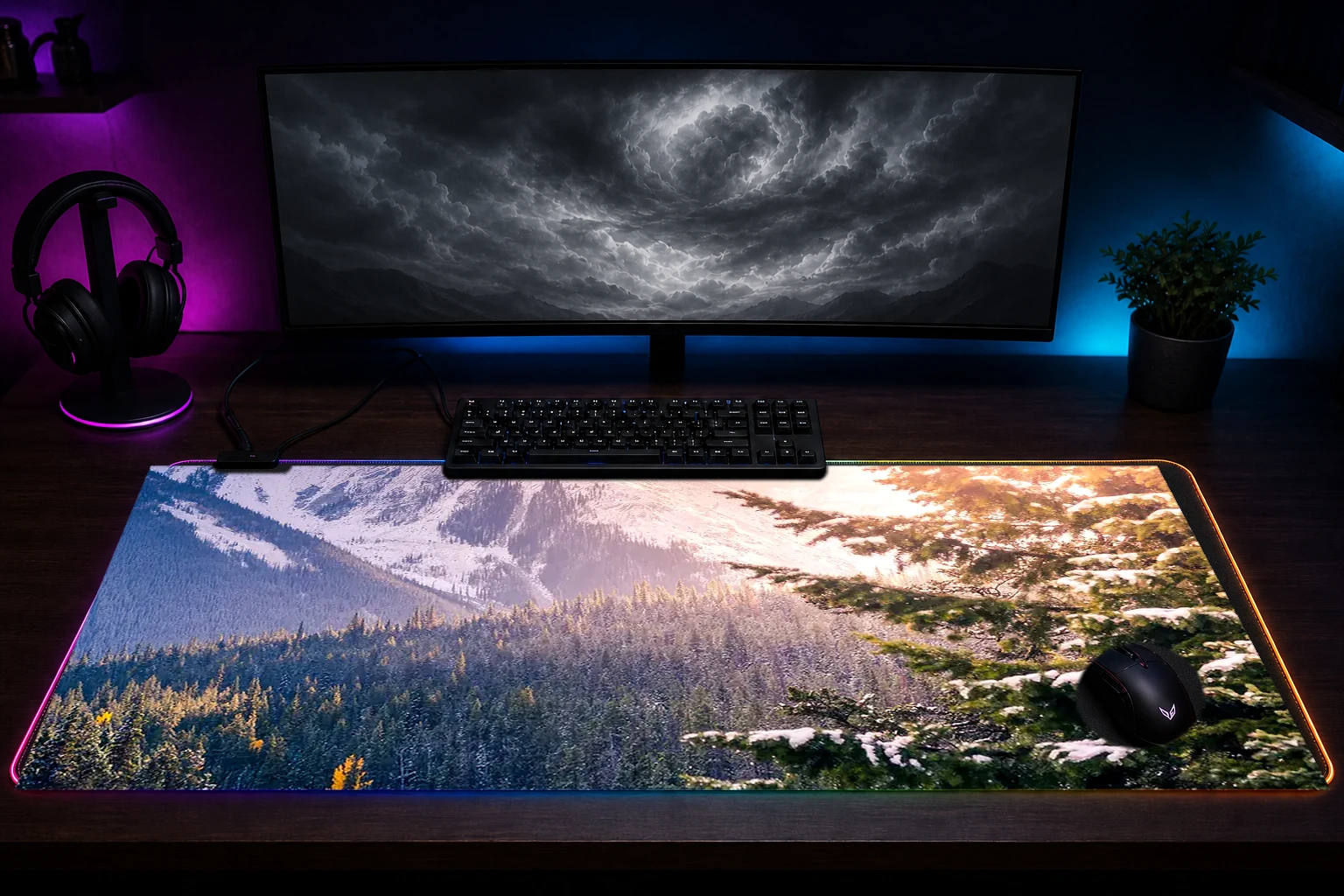 pine trees mountains RGB Desk Mat immersive setup scene