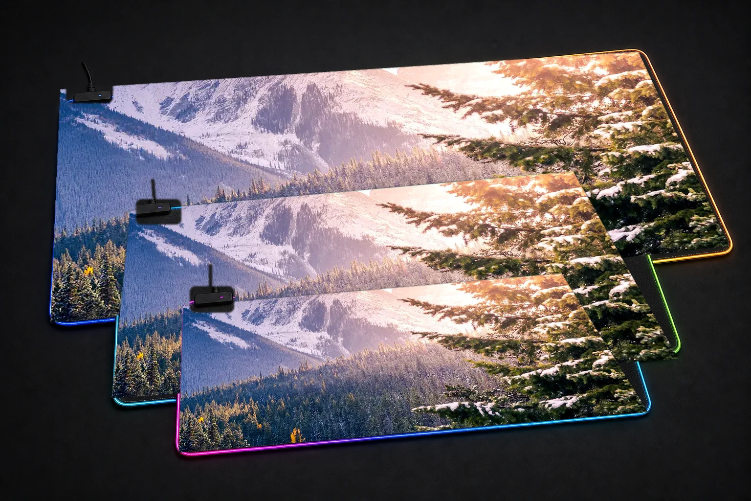 pine trees mountains RGB Desk Mat three-size comparison