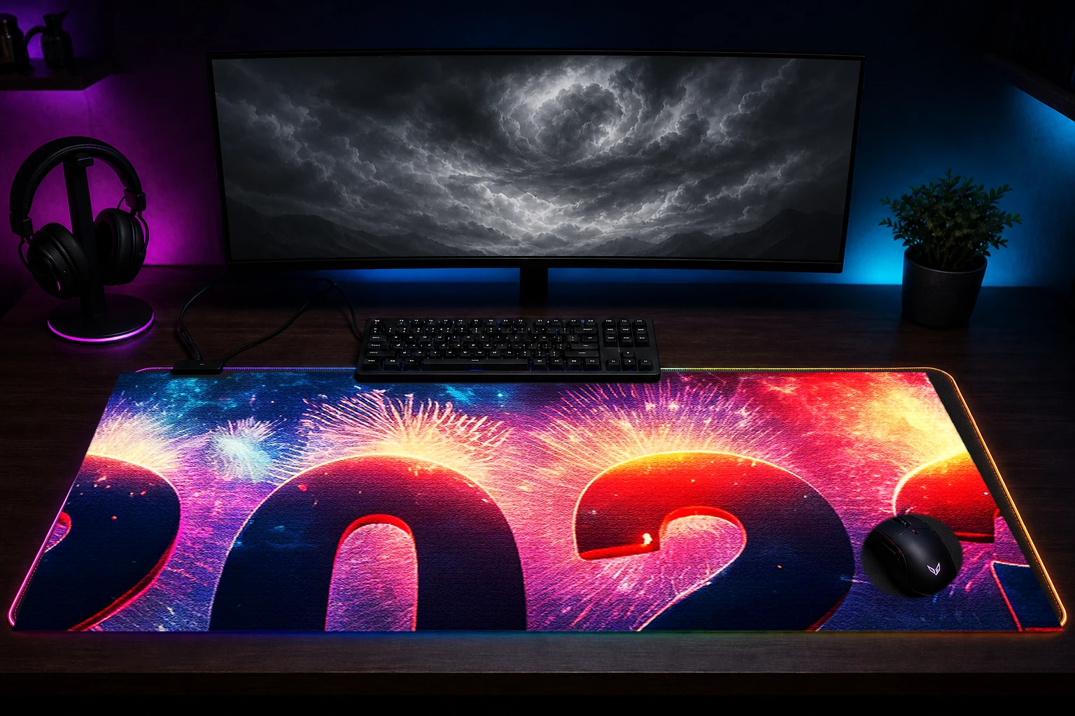 New Year RGB Desk Mat immersive setup scene