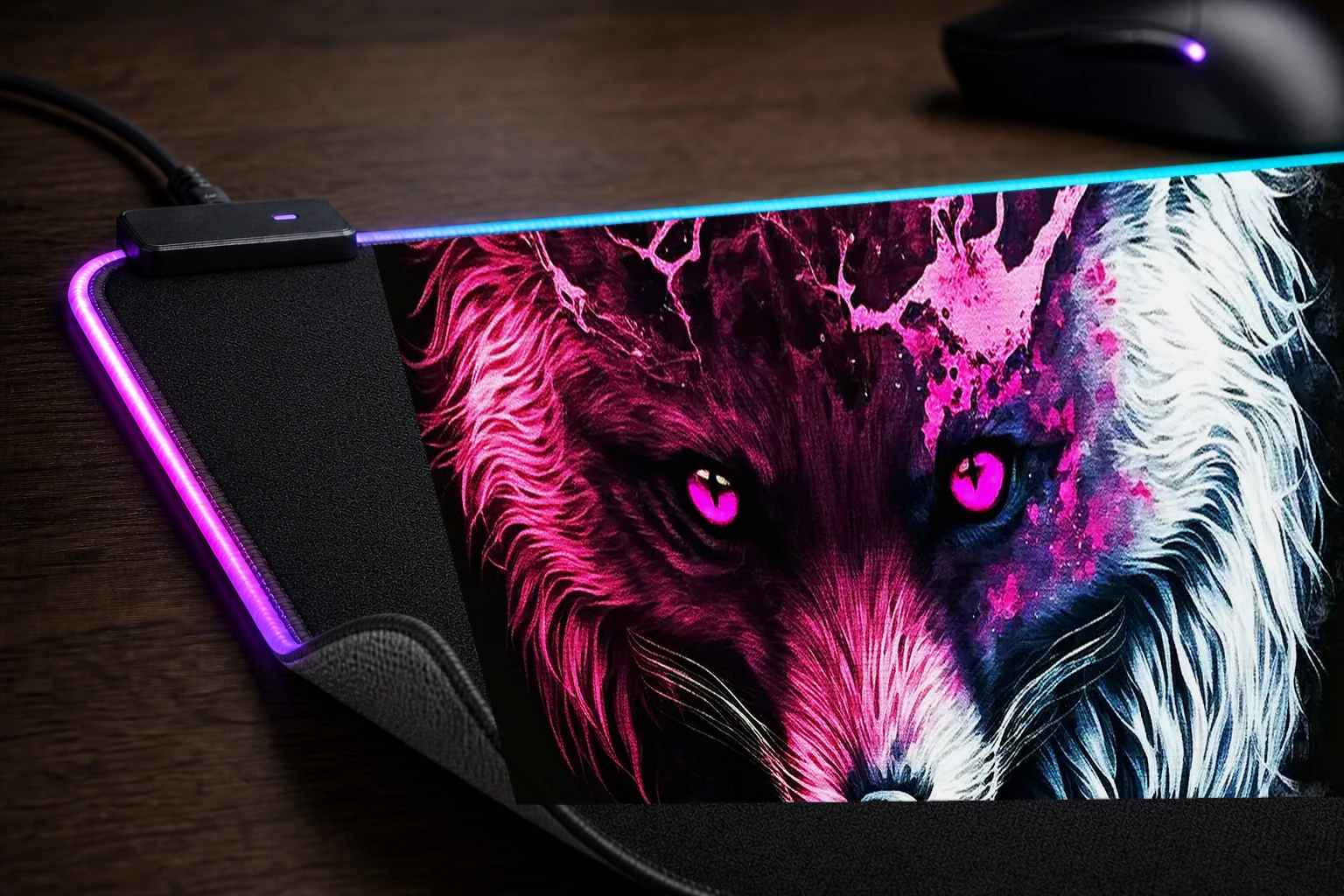 Arctic fox devil pink RGB Desk Mat controller and material detail