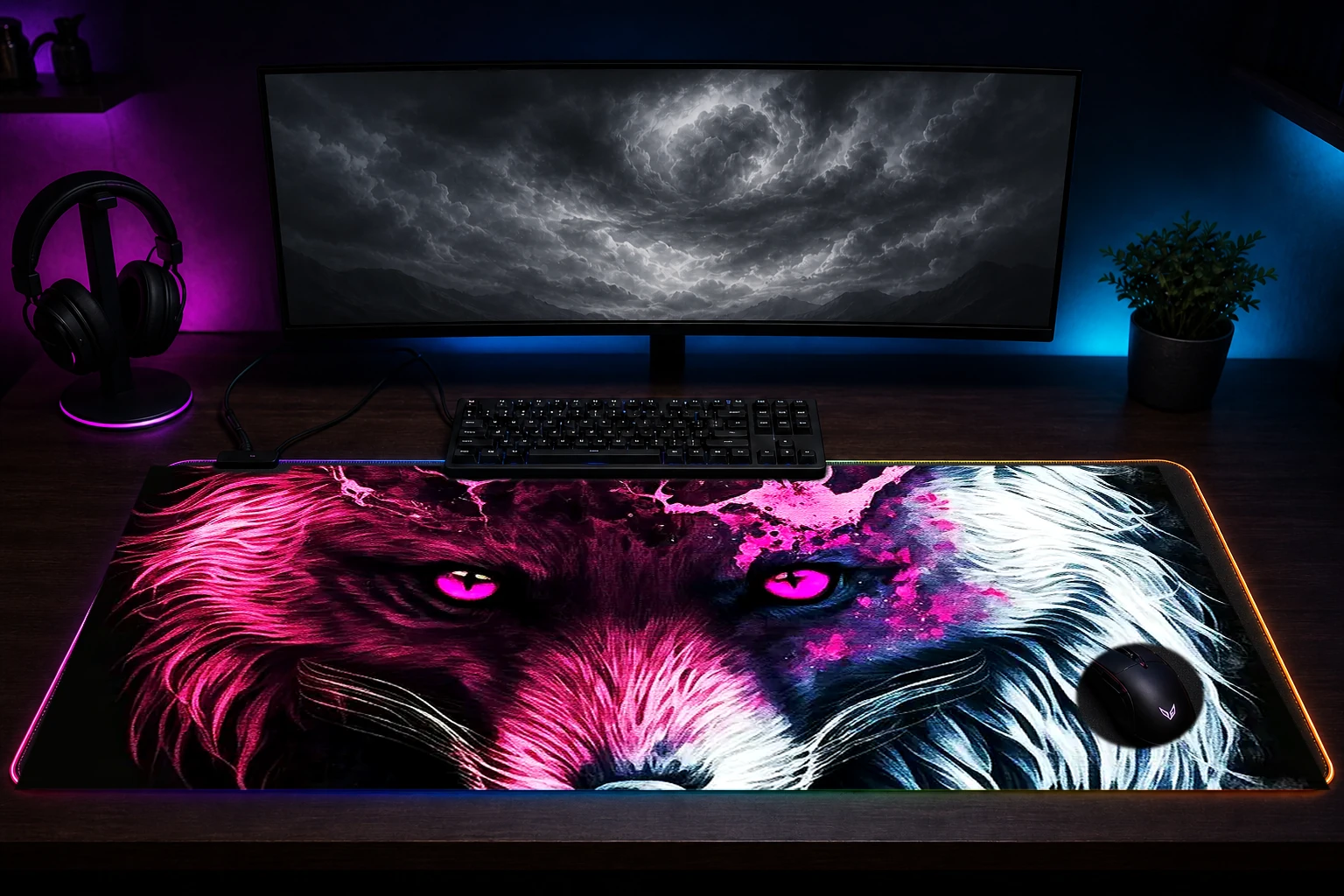 Arctic fox devil pink RGB Desk Mat immersive setup scene