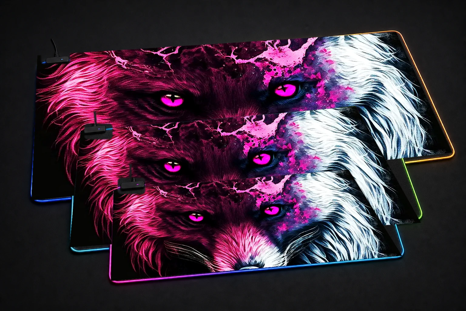 Arctic fox devil pink RGB Desk Mat three-size comparison