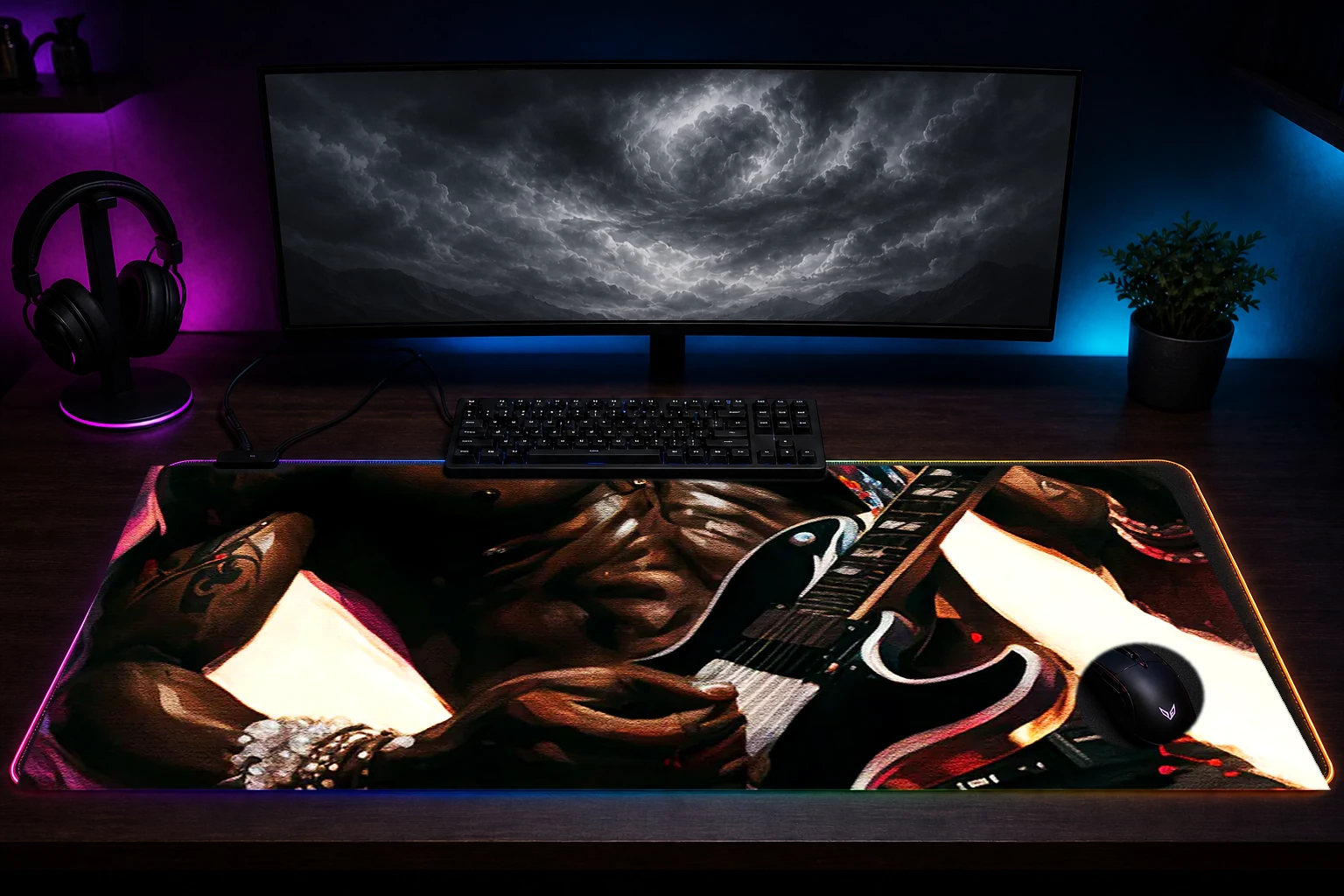 The Artists as Rockstar RGB Desk Mat immersive setup scene