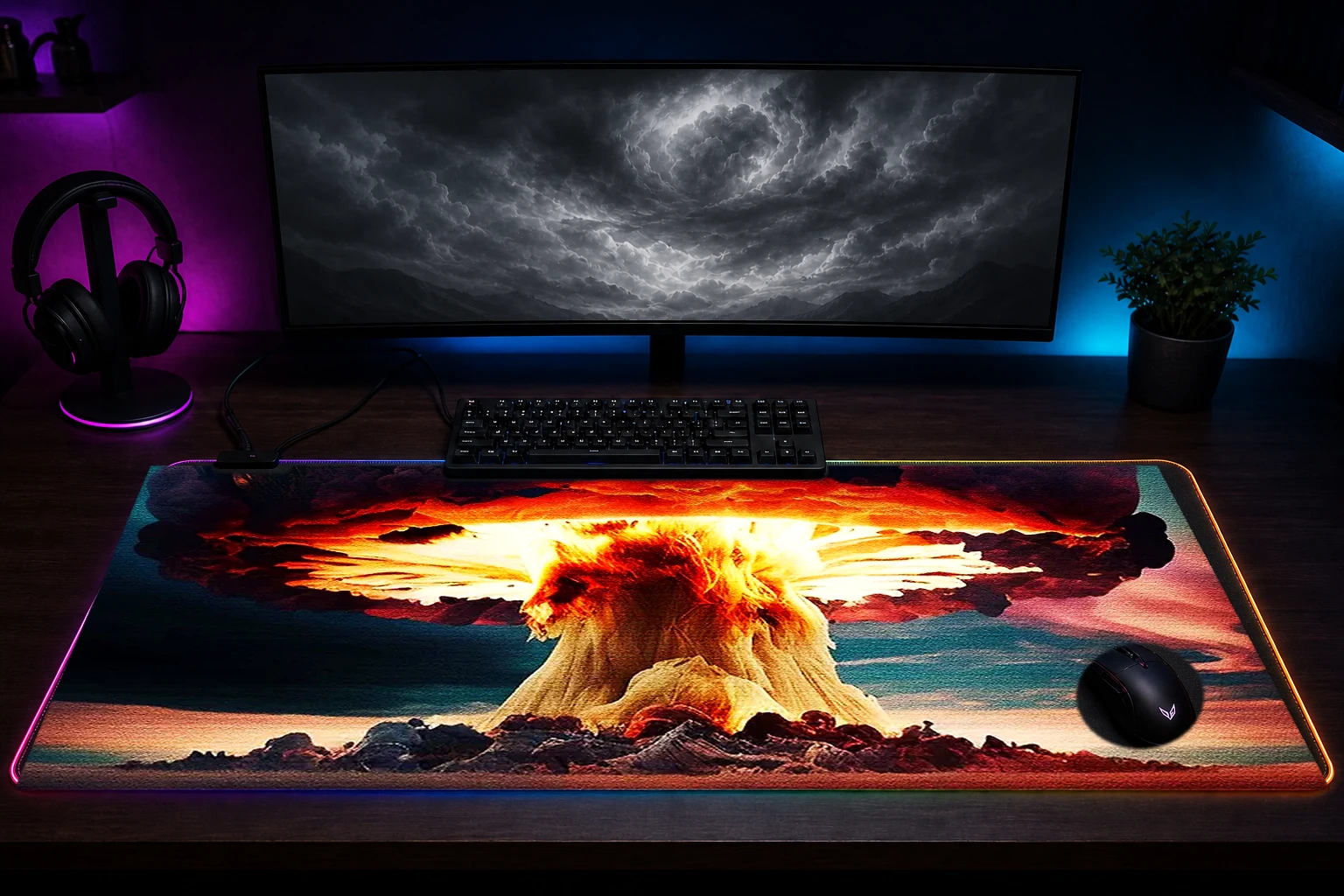 Atomic Explosion RGB Desk Mat immersive setup scene