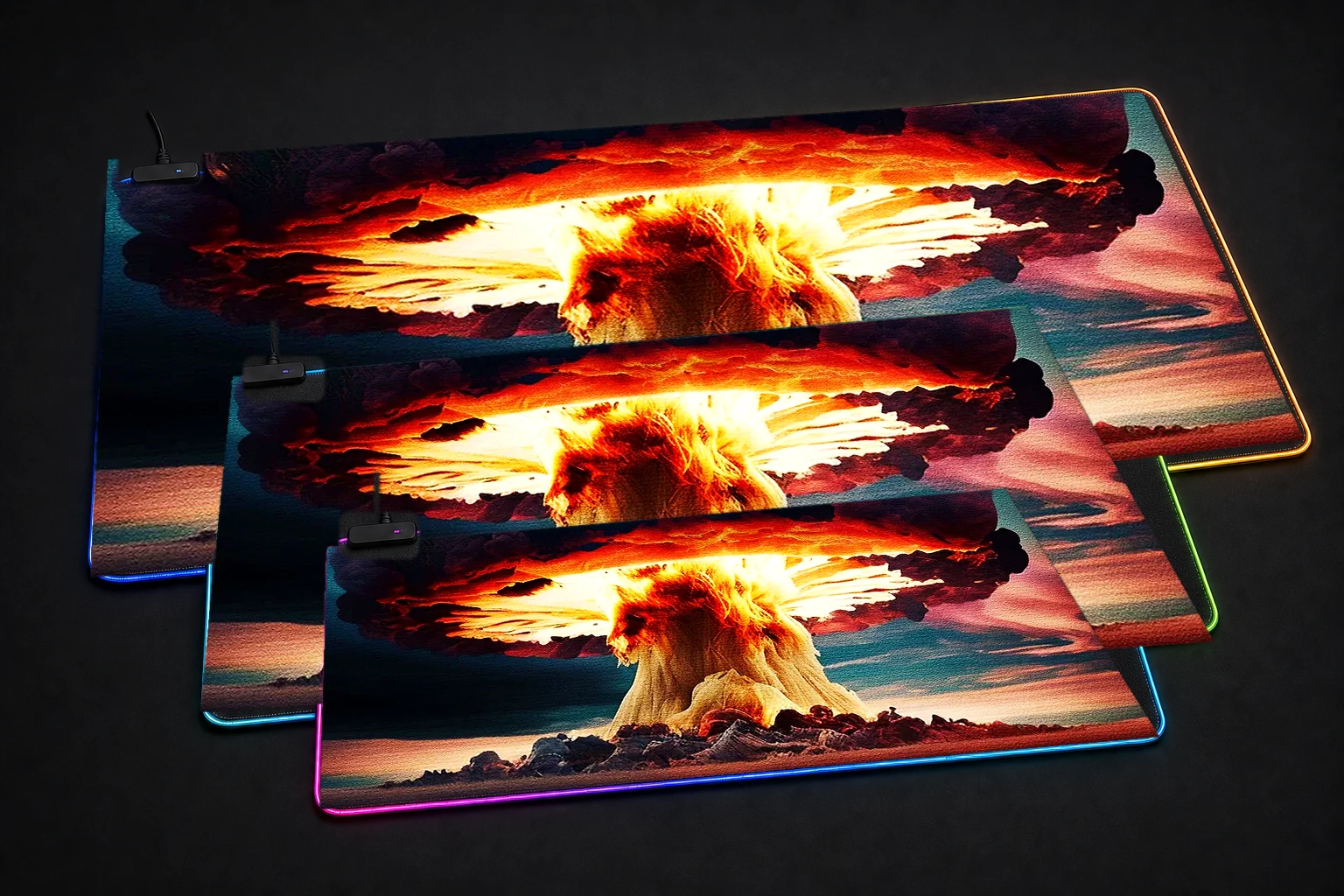 Atomic Explosion RGB Desk Mat three-size comparison
