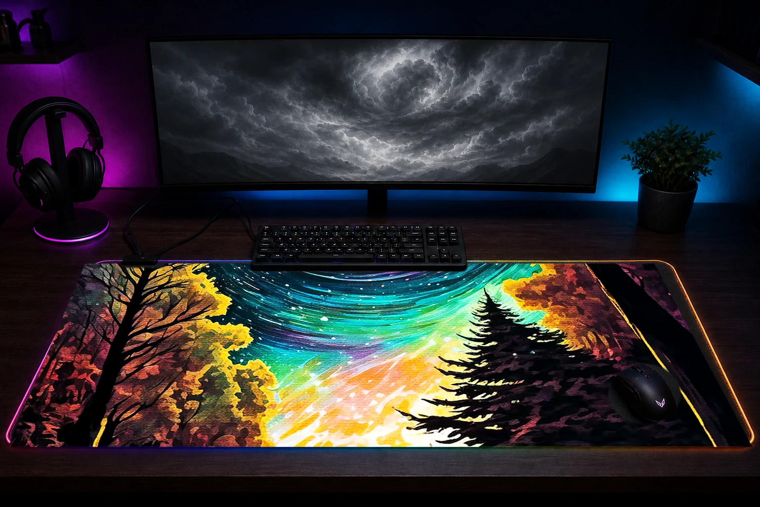 Paint The Silent Night RGB Desk Mat immersive setup scene