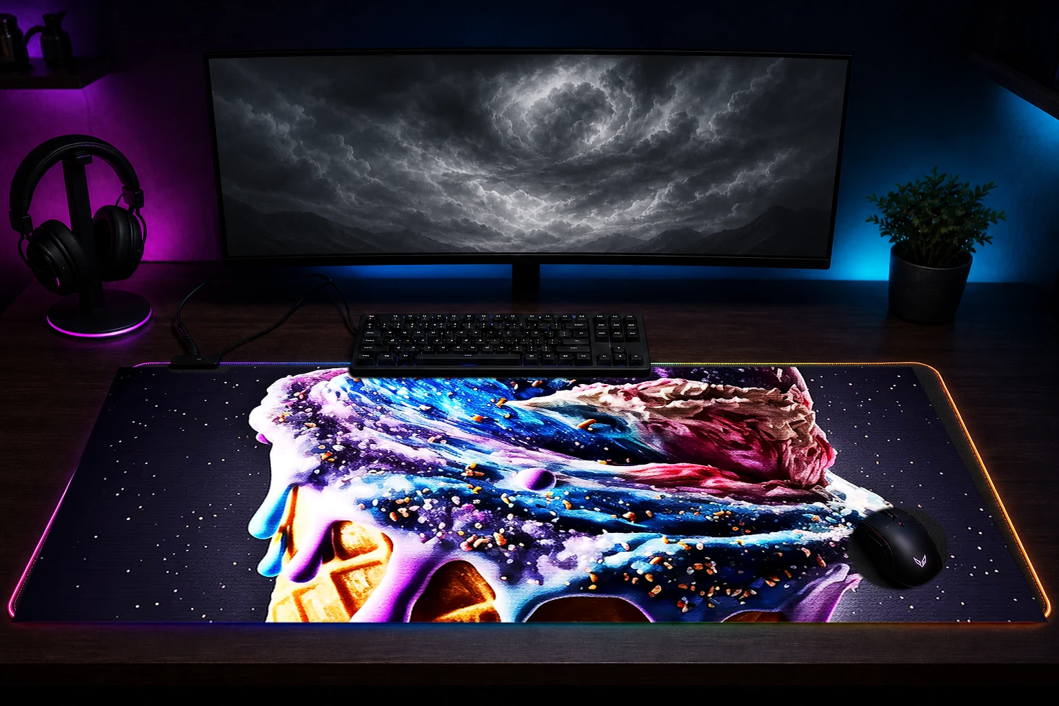 Ice cream cosmic galaxy RGB Desk Mat immersive setup scene