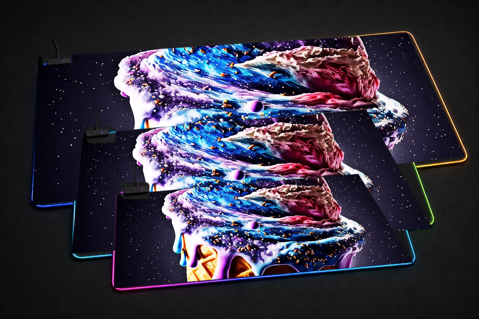 Ice cream cosmic galaxy RGB Desk Mat three-size comparison