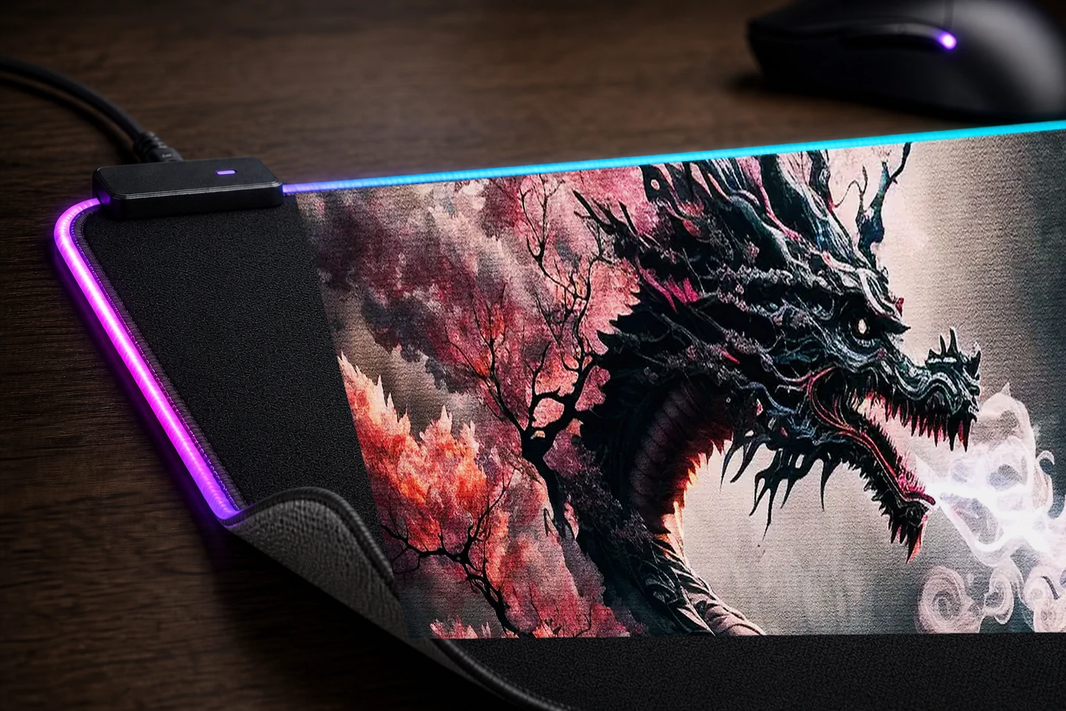 Illustration of Dragon RGB Desk Mat controller and material detail