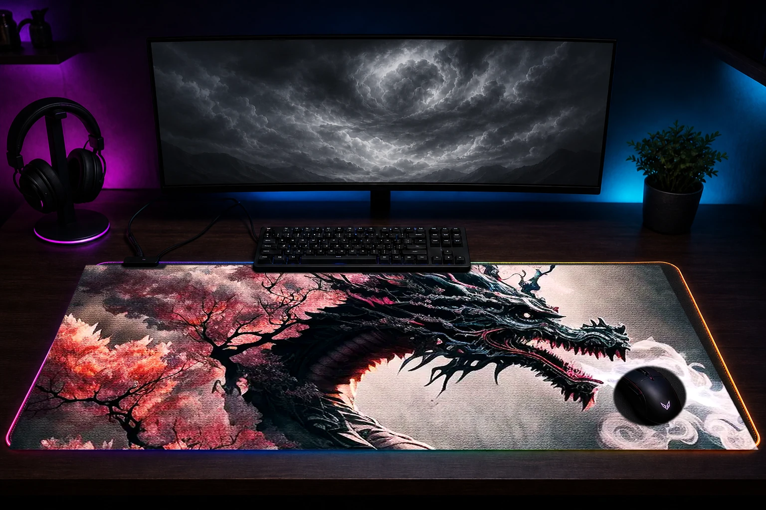 Illustration of Dragon RGB Desk Mat immersive setup scene
