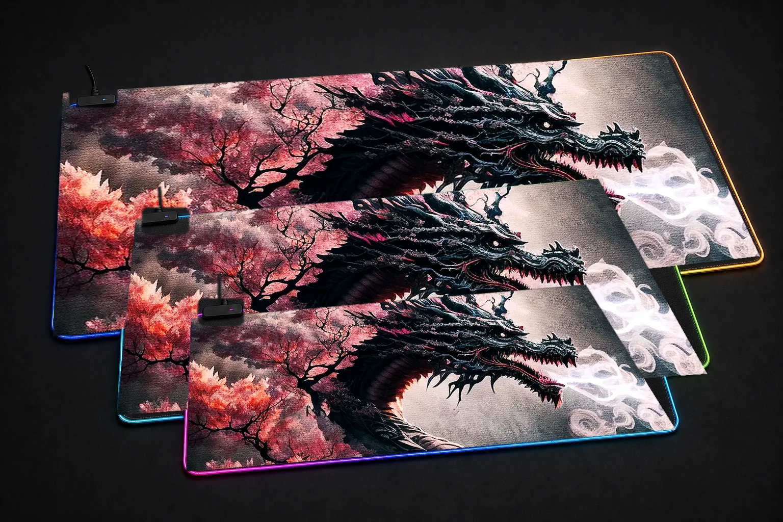 Illustration of Dragon RGB Desk Mat three-size comparison