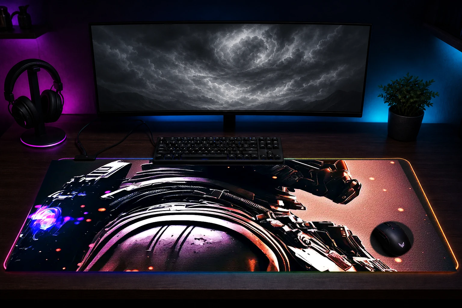 Black Armor New RGB Desk Mat immersive setup scene