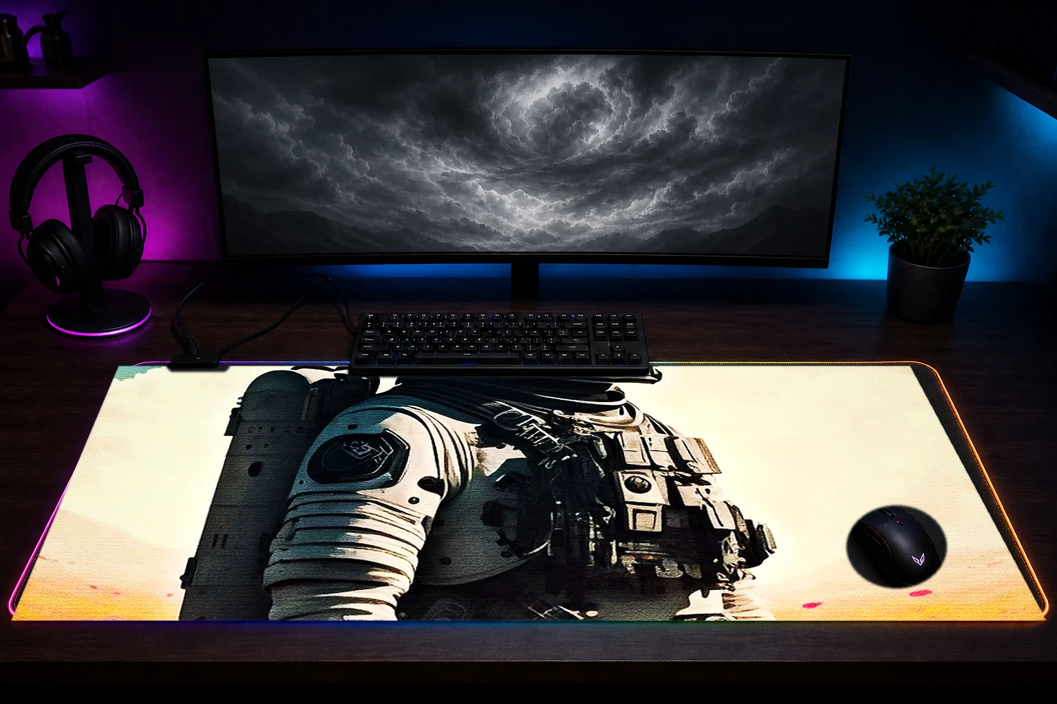 Astronaut standing RGB Desk Mat immersive setup scene