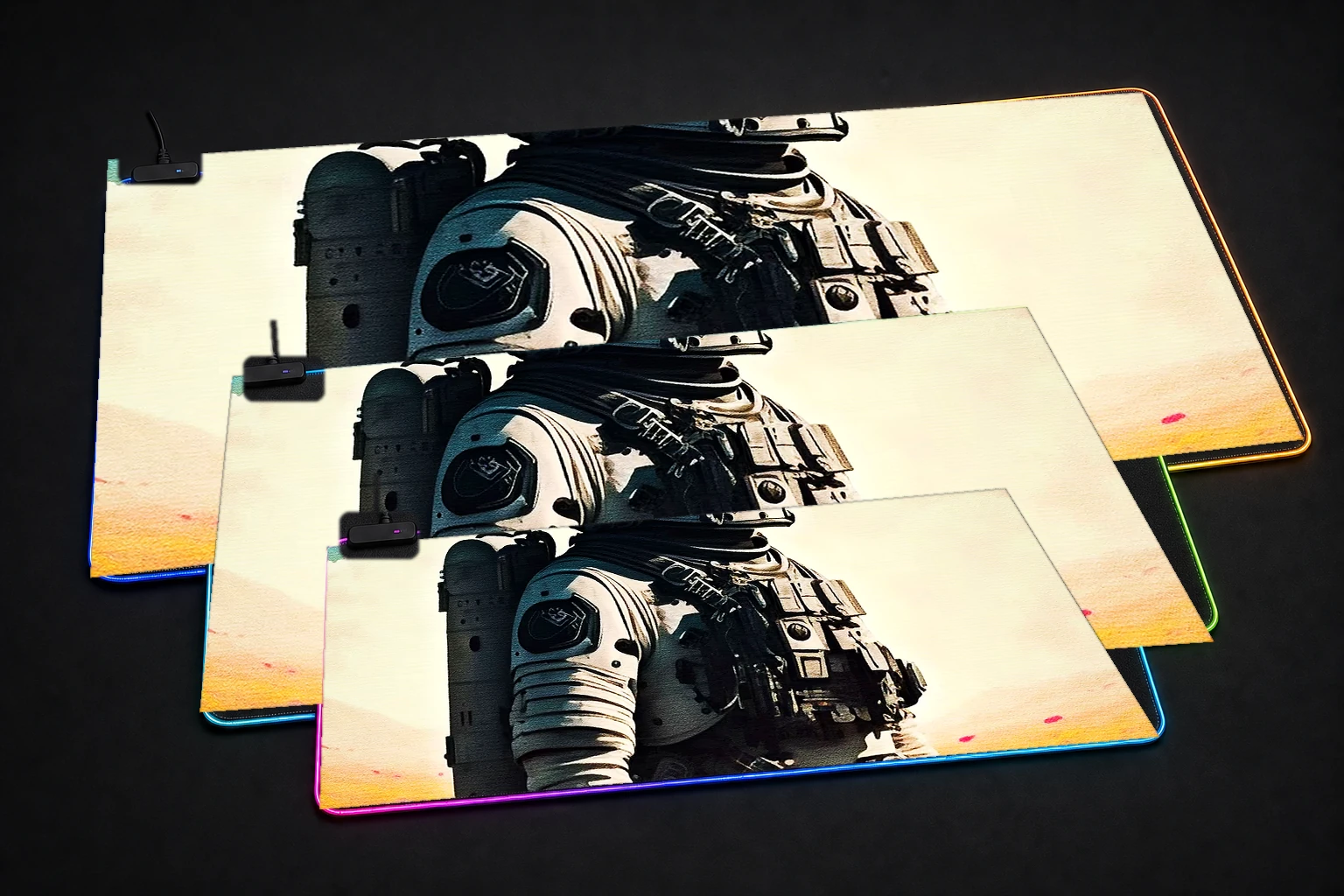 Astronaut standing RGB Desk Mat three-size comparison