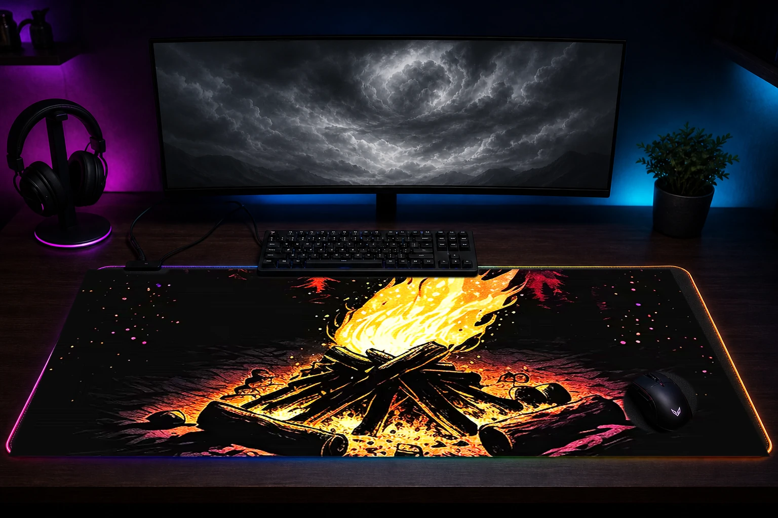 Nice galaxy campfire RGB Desk Mat immersive setup scene