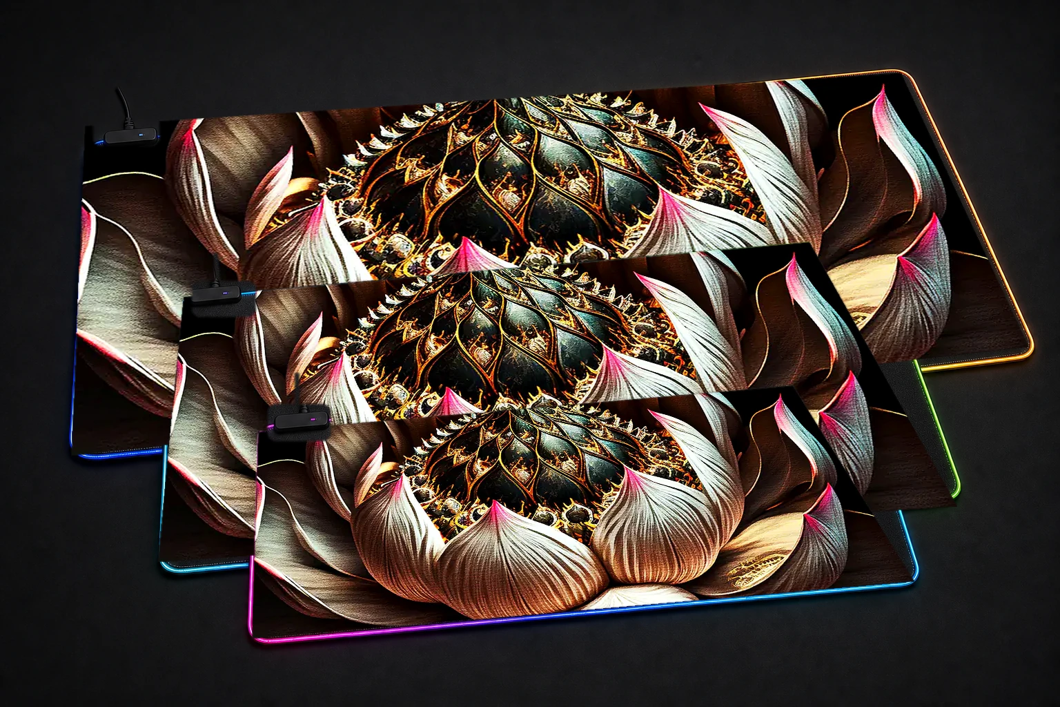 Devils Lotus RGB Desk Mat three-size comparison